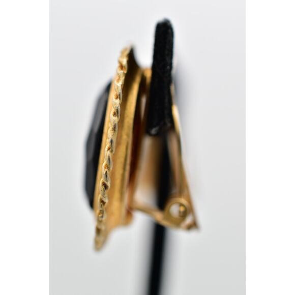 Vintage Crystal Clip On Earrings Black Oval Brushed Gold Matte Retro 1980s BinAI - Picture 11 of 12
